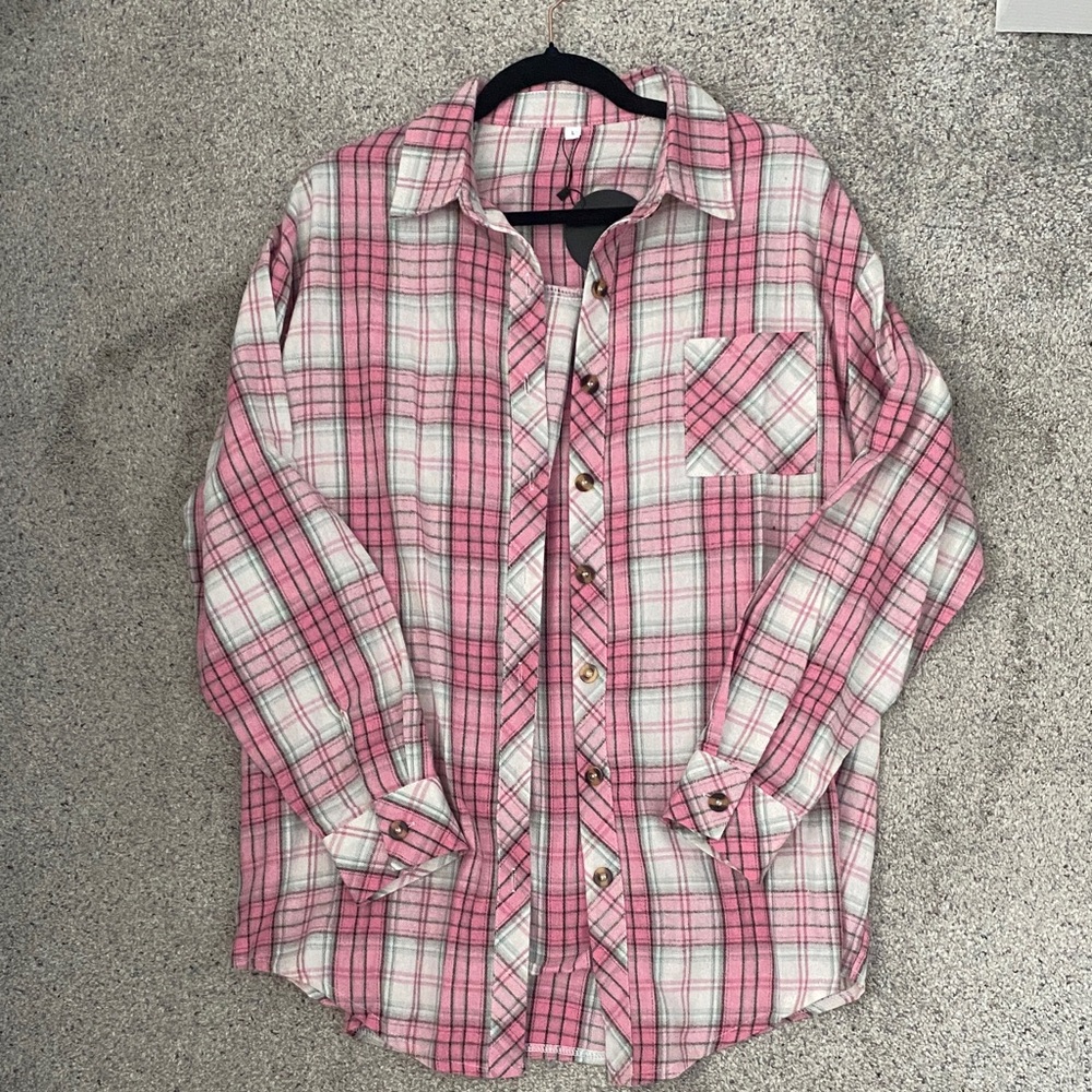 Pink and White Plaid Button-Up Shirt